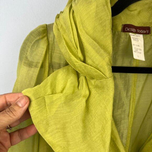 Vintage Design Today's Sheer Chartreuse Fit n Flair Bell Sleeve Midi Dress Sz L - Picture 7 of 8